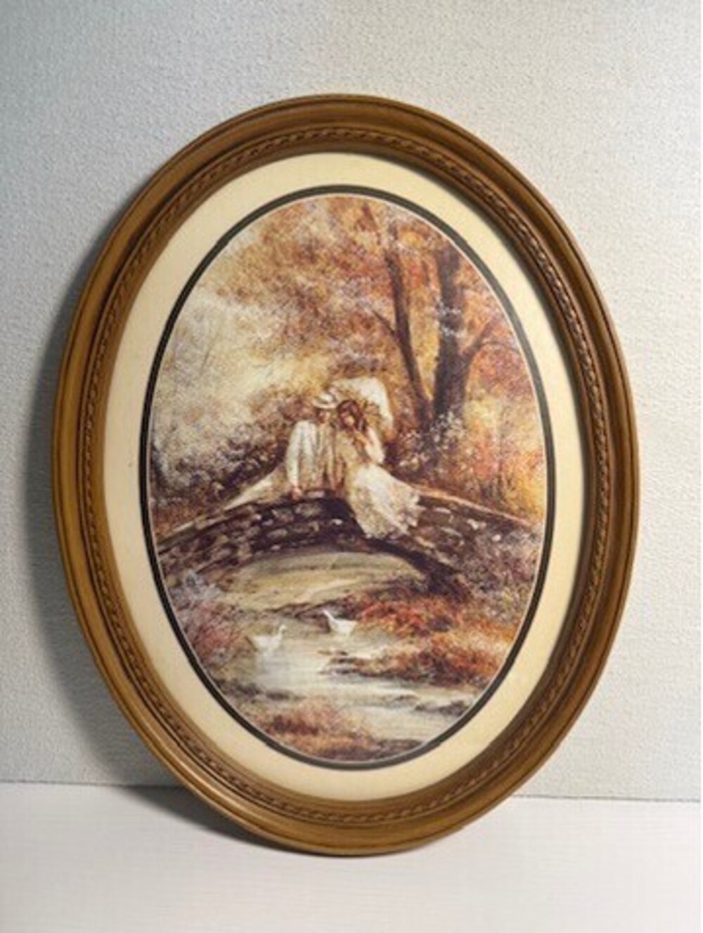 Vintage 80s Homco Romantic Couple Art Print Oval Frame 13 X 17 Bridge Park Duck